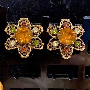Autumn Color Filigree Clip Earrings in Gold Tone Filigree. All Prong Set.
